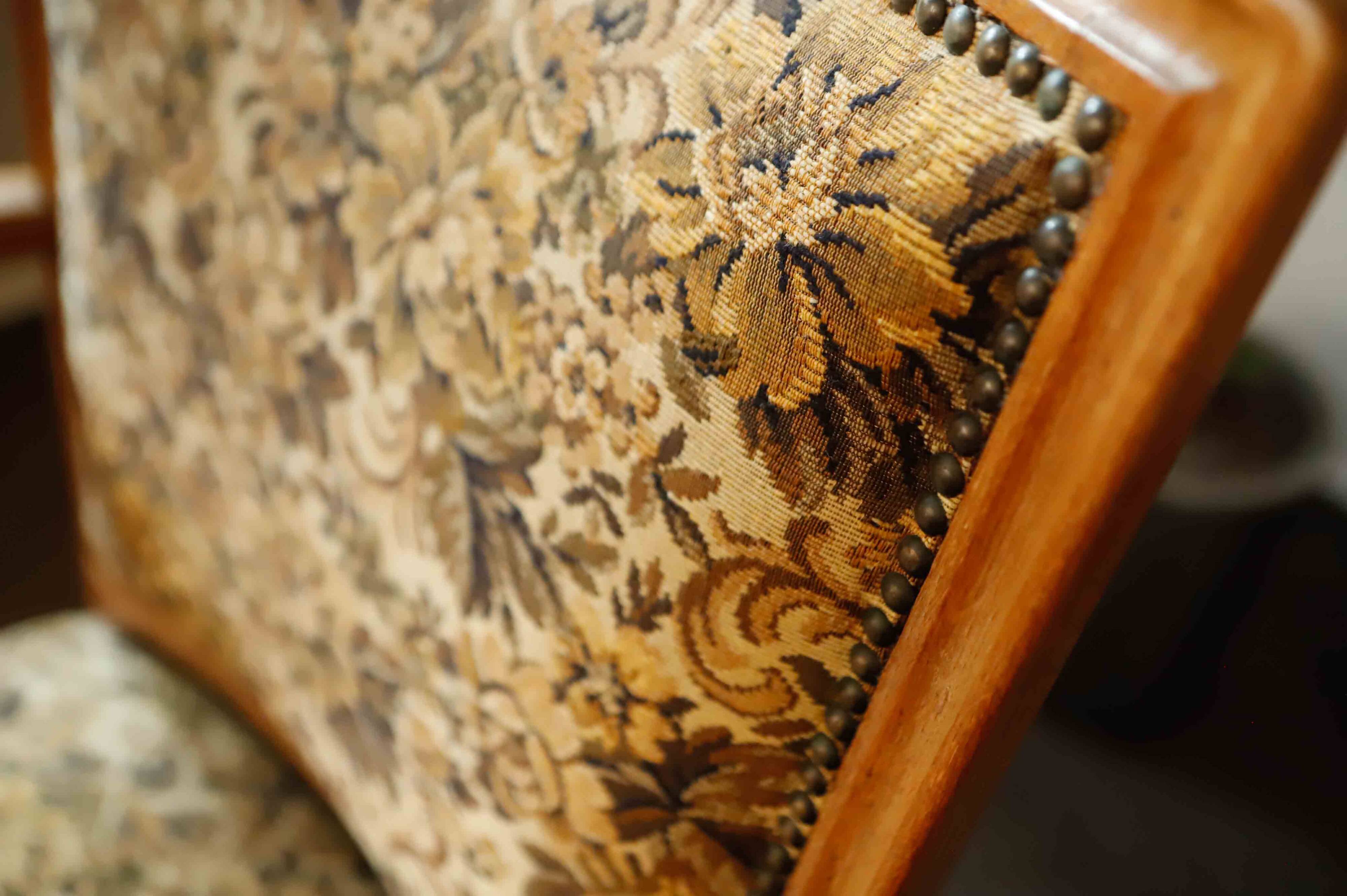 Vintage Salon Armchair with Floral Tapestry Upholstery and Scroll Armrests