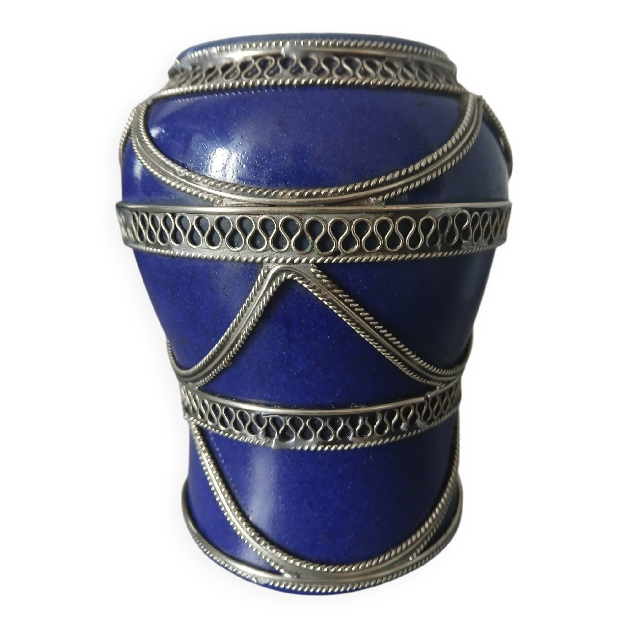 Petit vase marocain bleu cobalt1960 avec filigrane en argent travail a