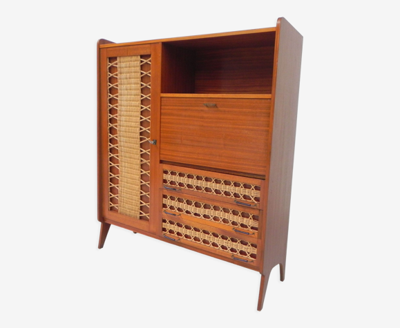 Armoire vintage, sécrétaire en rotin et bois