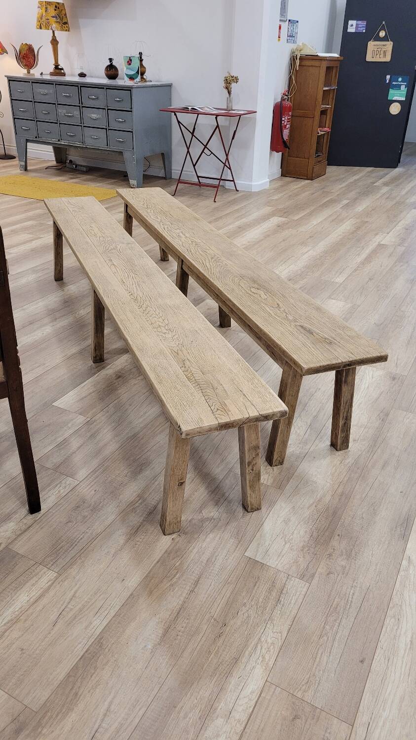 Two oak farm benches