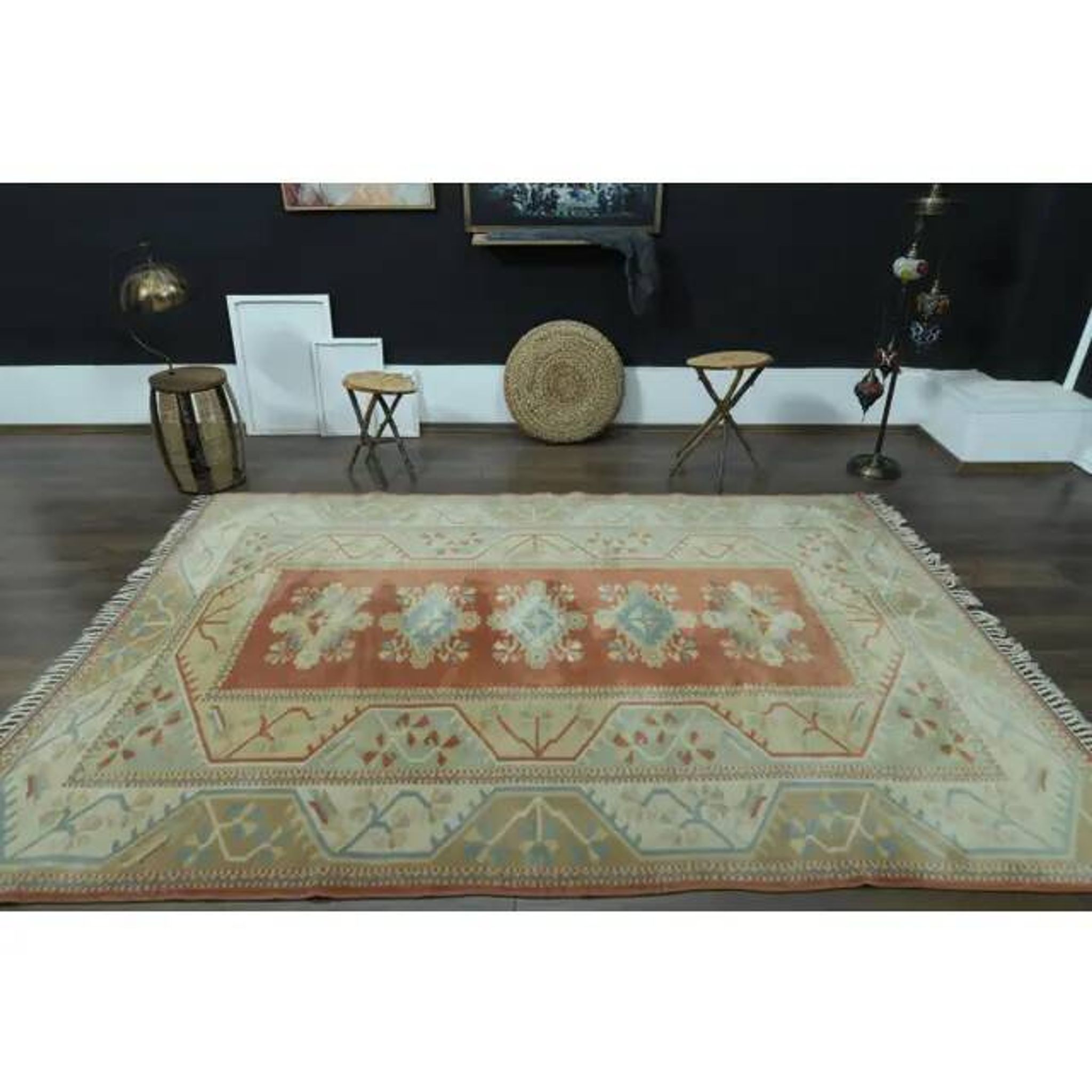 1970s Vintage Turkish Oushak Handmade Wool Cotton Orange Area Rug  198x287
