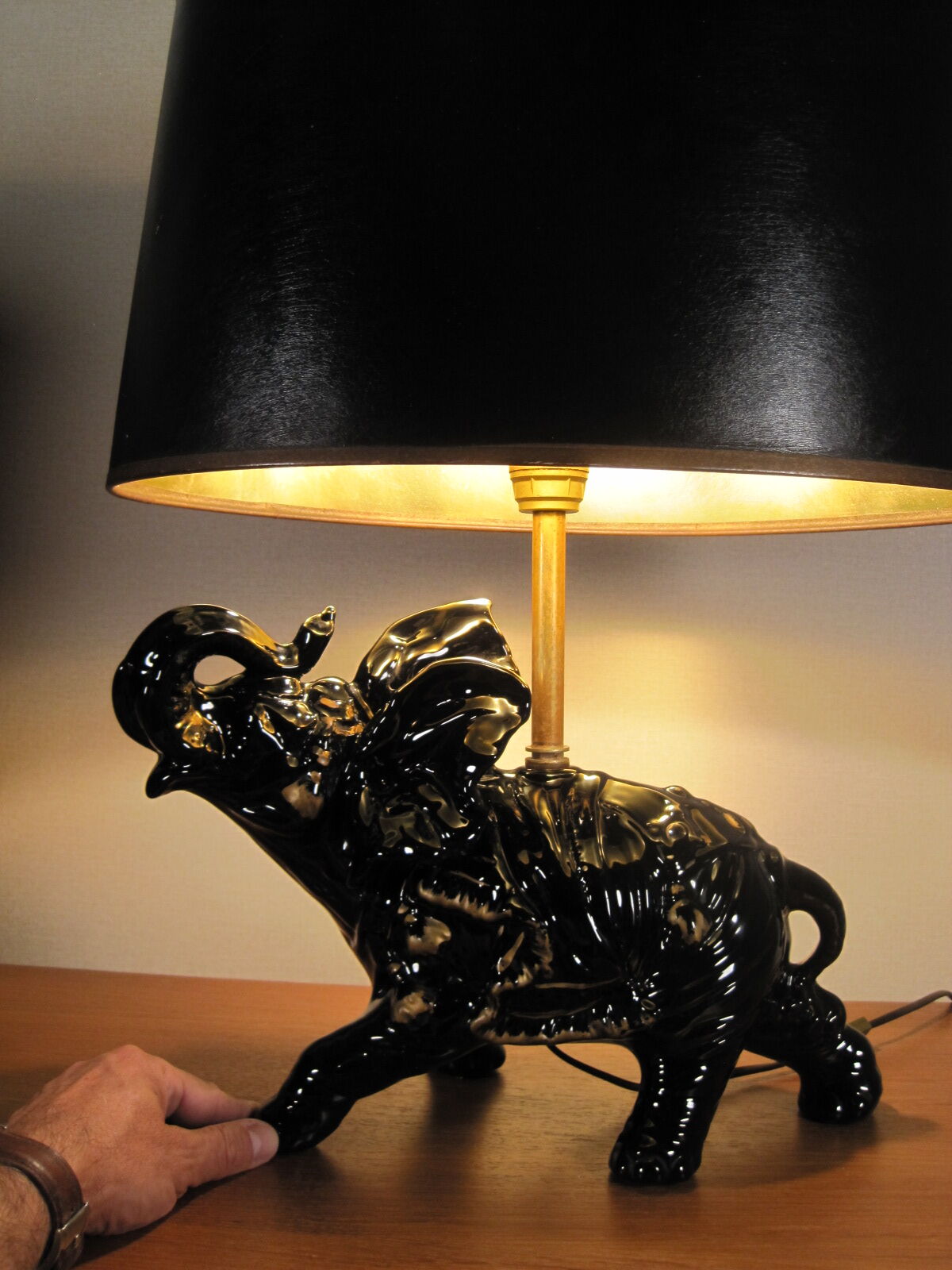 black enamelled ceramic and gold gilding elephant lamp 1950s