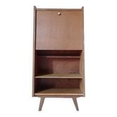 Vintage 1960s secretary desk with an angled design, light wood, and tapered legs.