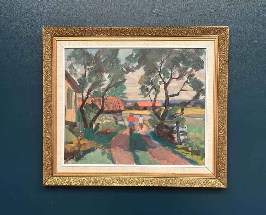 Original Mid Century Swedish Oil On Panel – “On Bicycle” By Oskar Person – Signed – Vintage & Framed