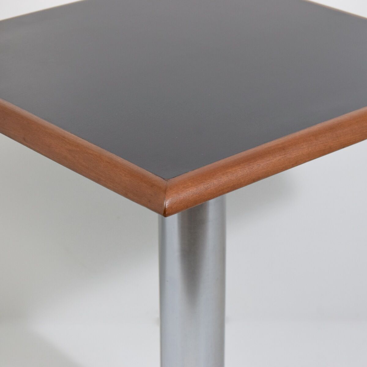 Square bistro dining table, wood, chrome and cast iron