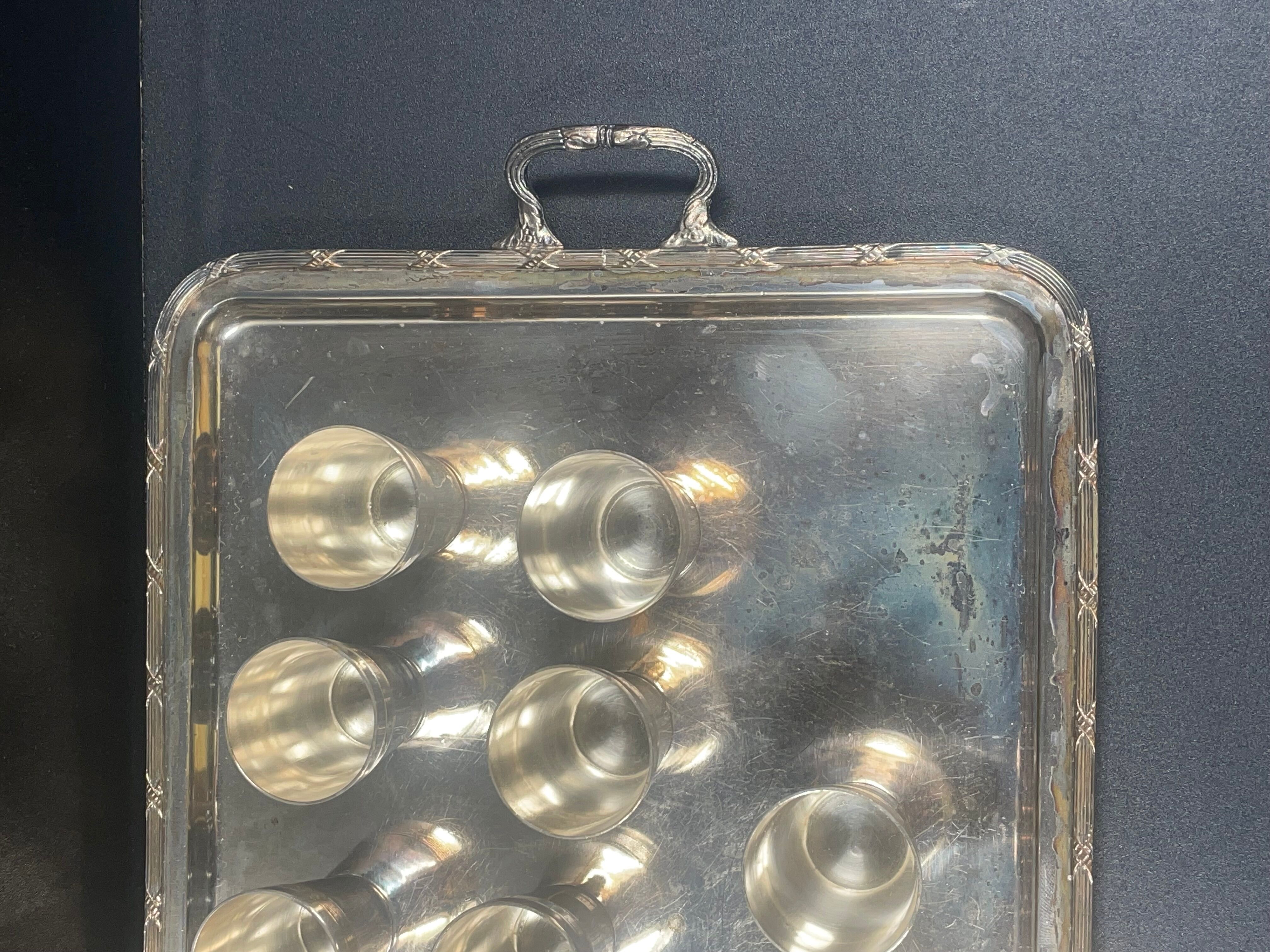 12 cups with silver metal tray