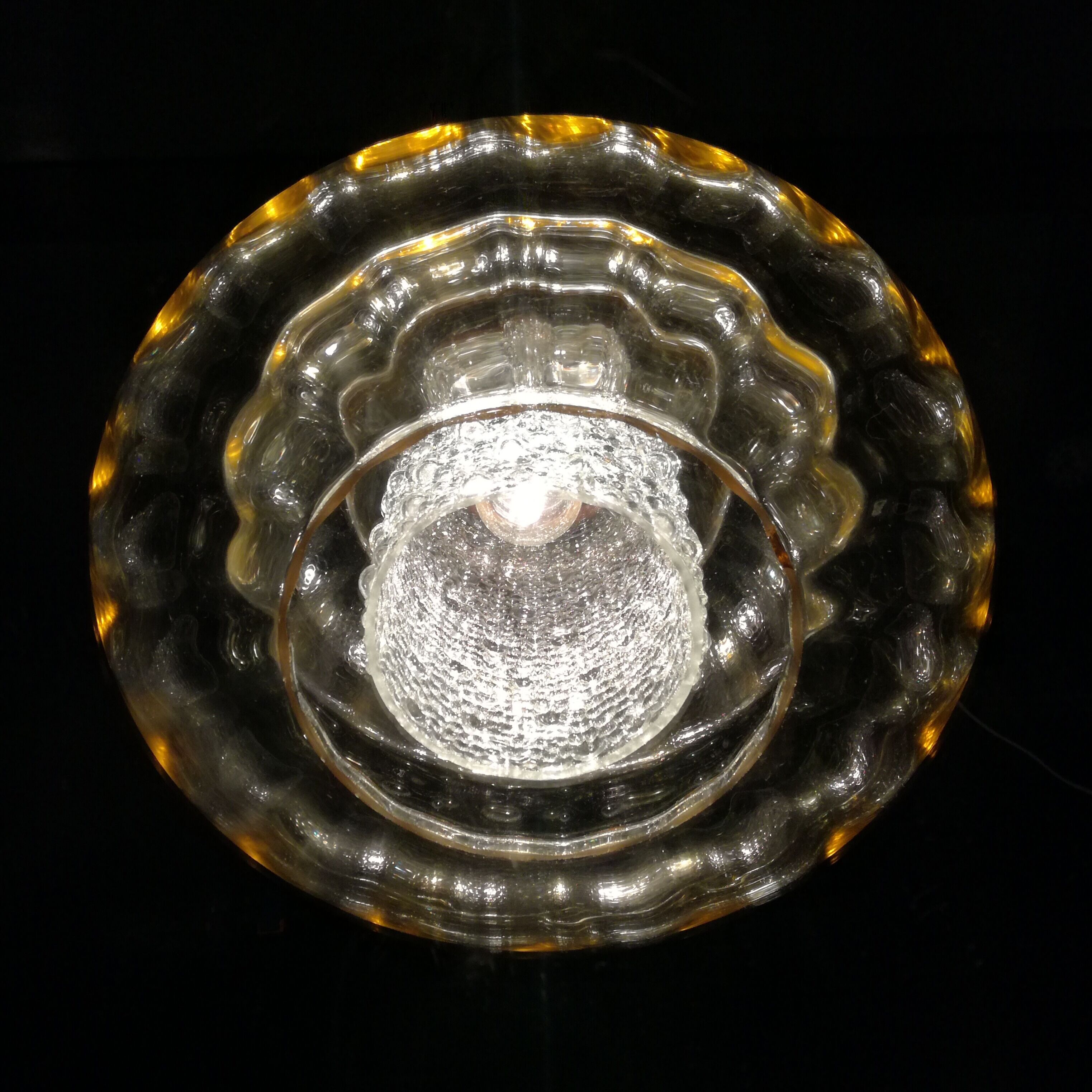 Scandinavian-style pendant lamp in glass and wood, 1970