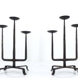 Pair of brutalist wrought iron candlesticks, France, three lights, signed