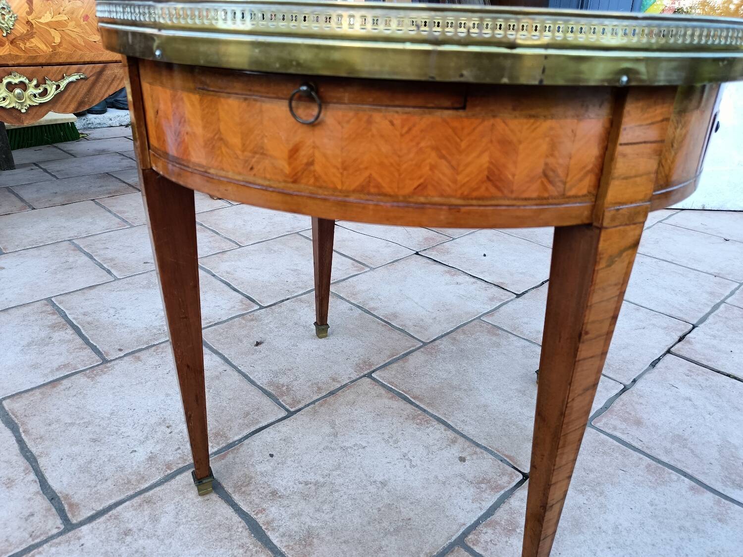 Antique Louis XVI style hot water bottle table with marble top