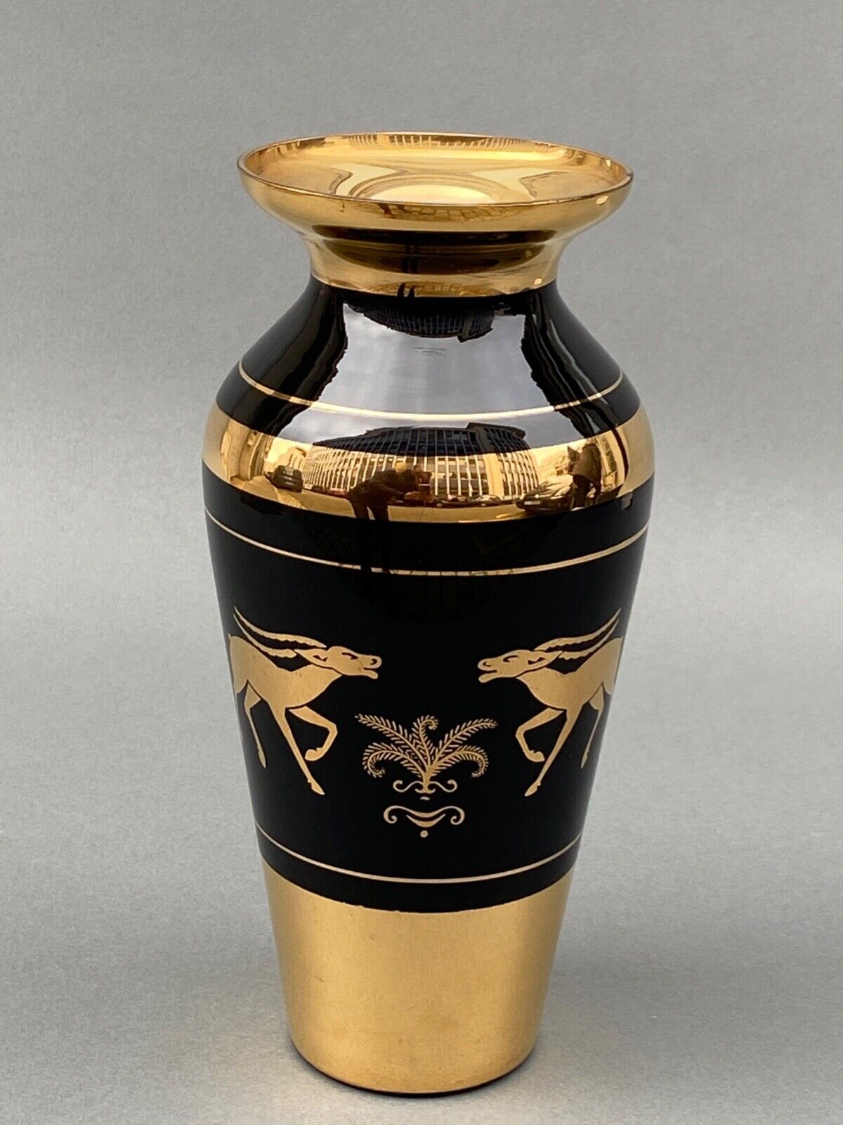 Vase in opaline or opaline glass 1960 decor golden antelopes