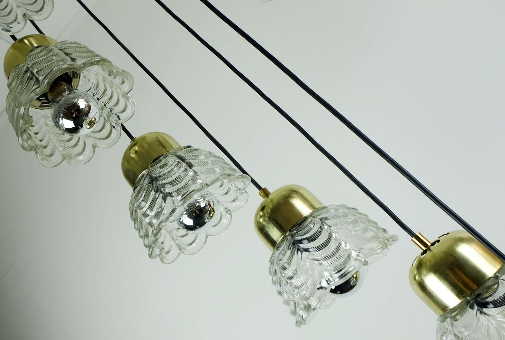 1960s mid century cascading lamp 7 flower-shaped glass shades and brass chandelier
