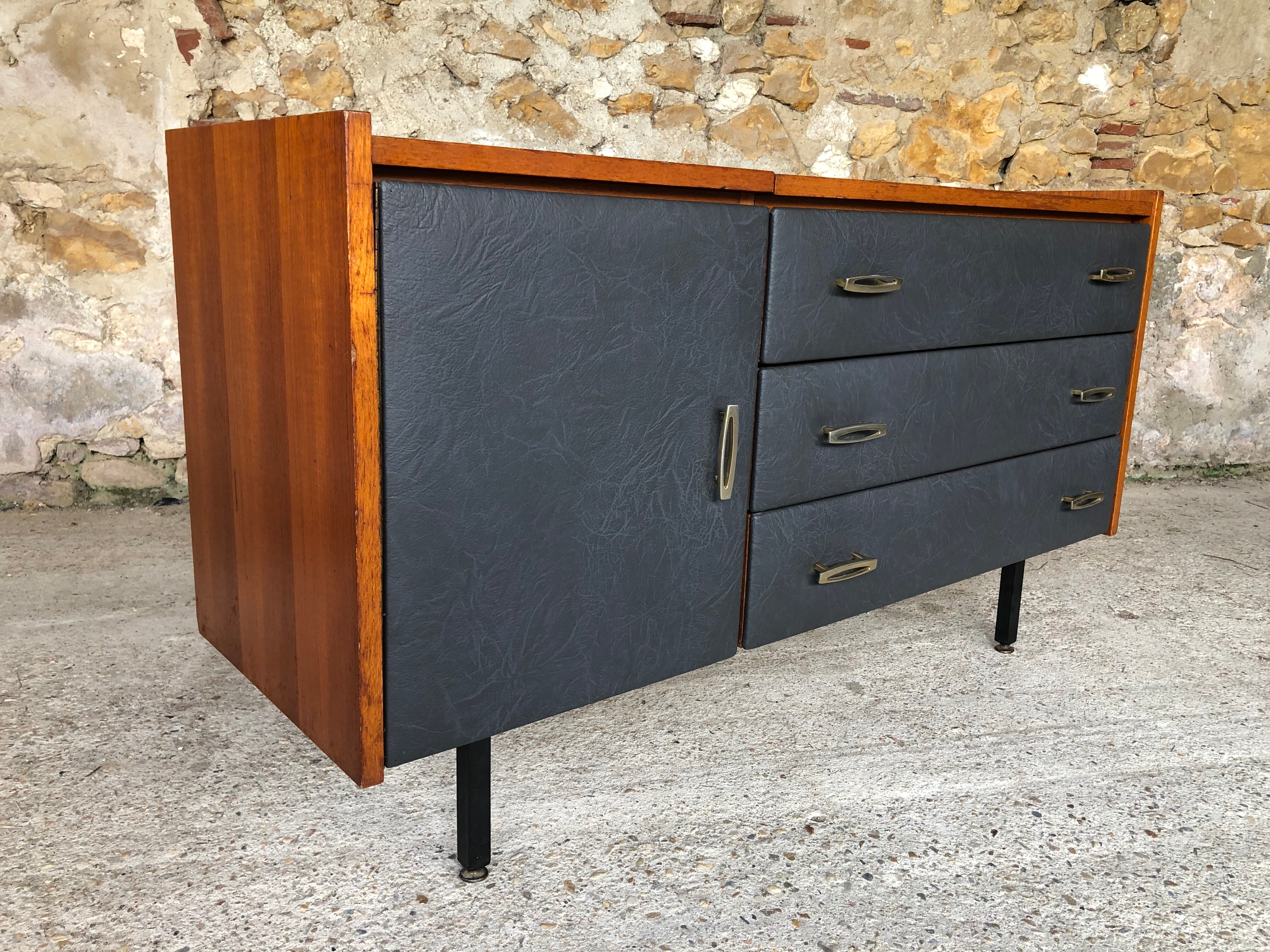 Vintage modular chest of drawers in teak and grey skaï, circa 60's
