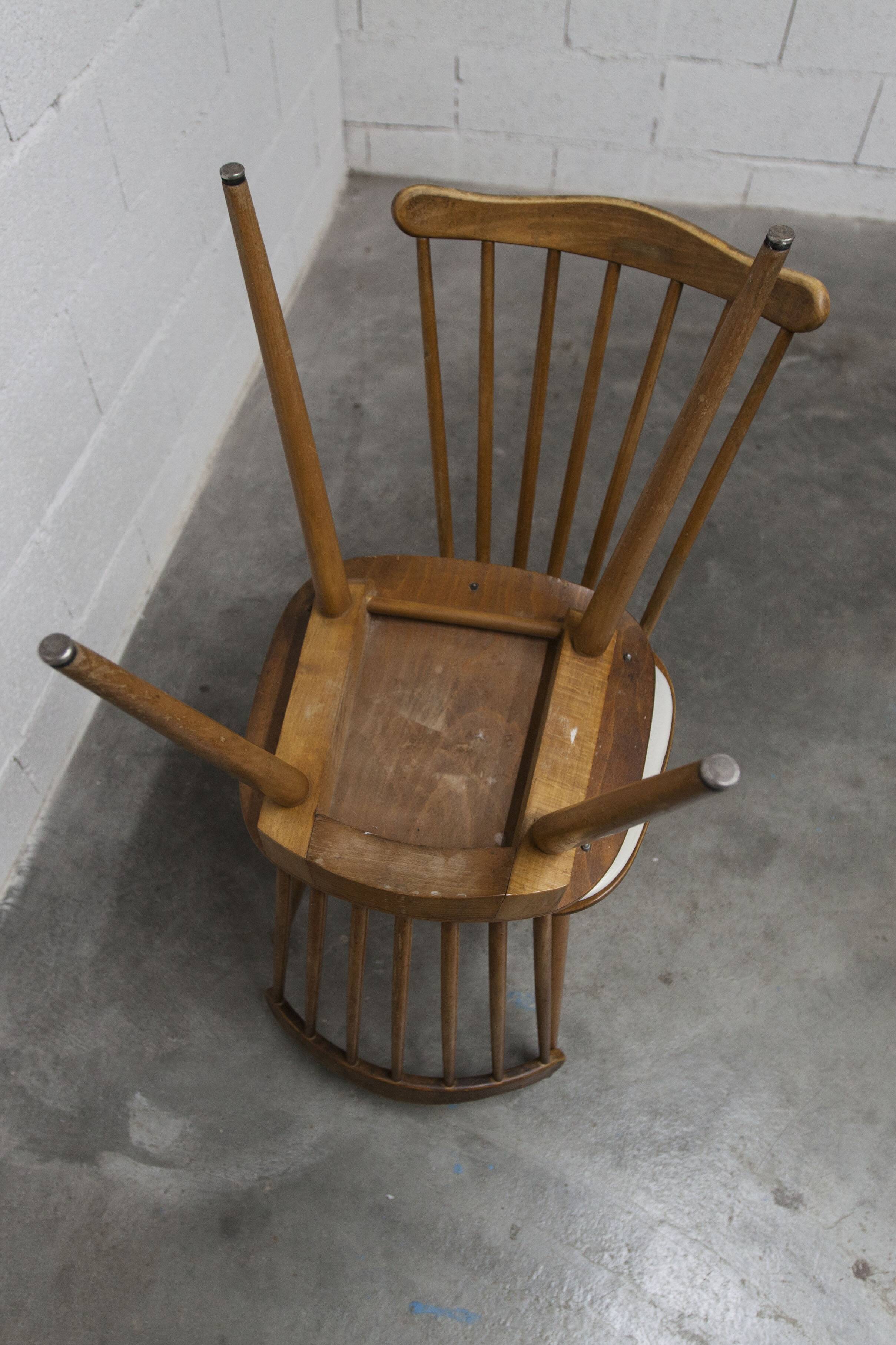 Pair of Baumann Menuet chairs, Honey patina, White vinyl seats