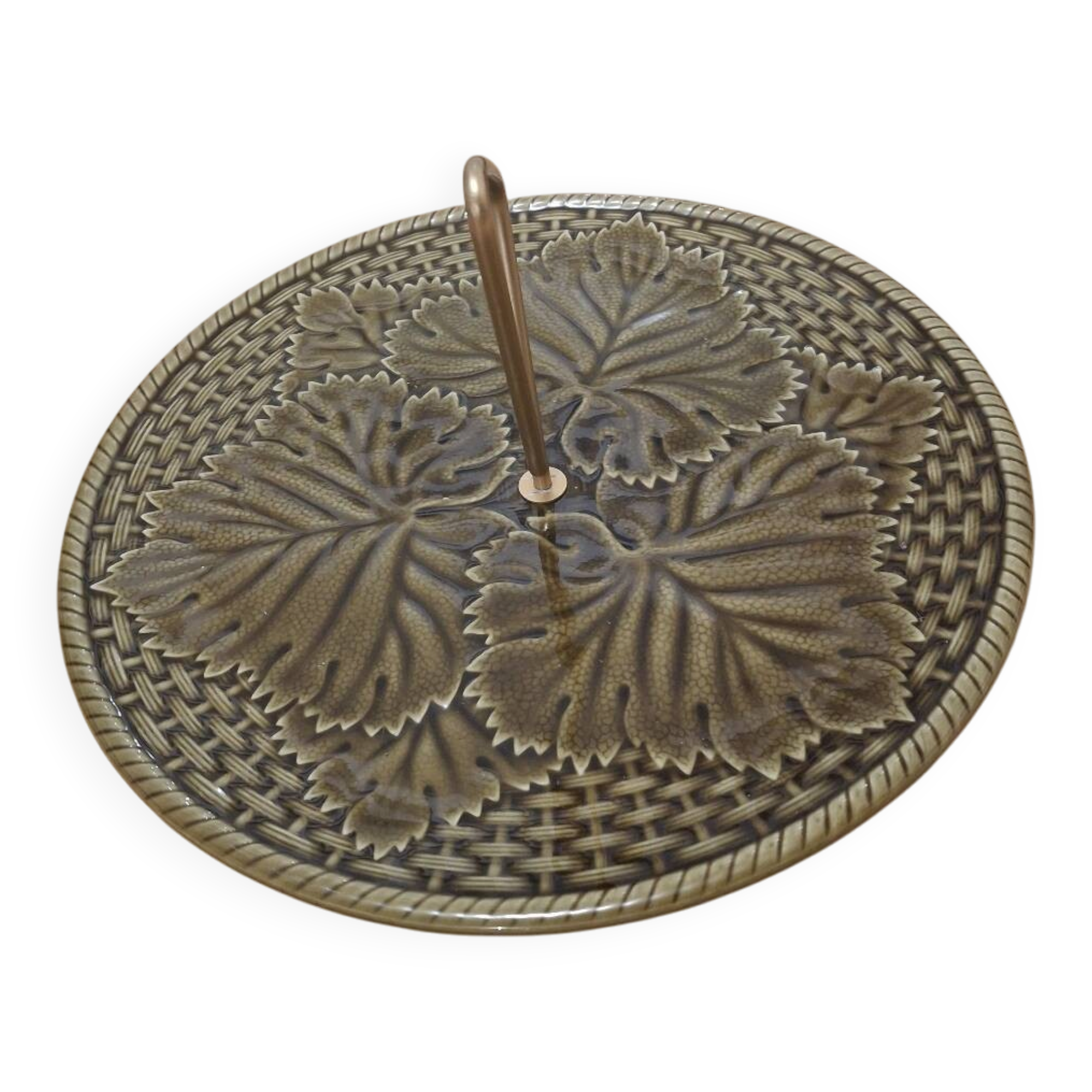 Plateau Gien vintage décor feuilles – faïence française avec poignée