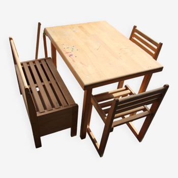 Ensemble enfant table banc de rangement coffre à jouet et 2 chaises en bois Pinolino