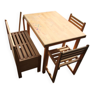 Ensemble enfant table banc de rangement coffre à jouet et 2 chaises en bois Pinolino