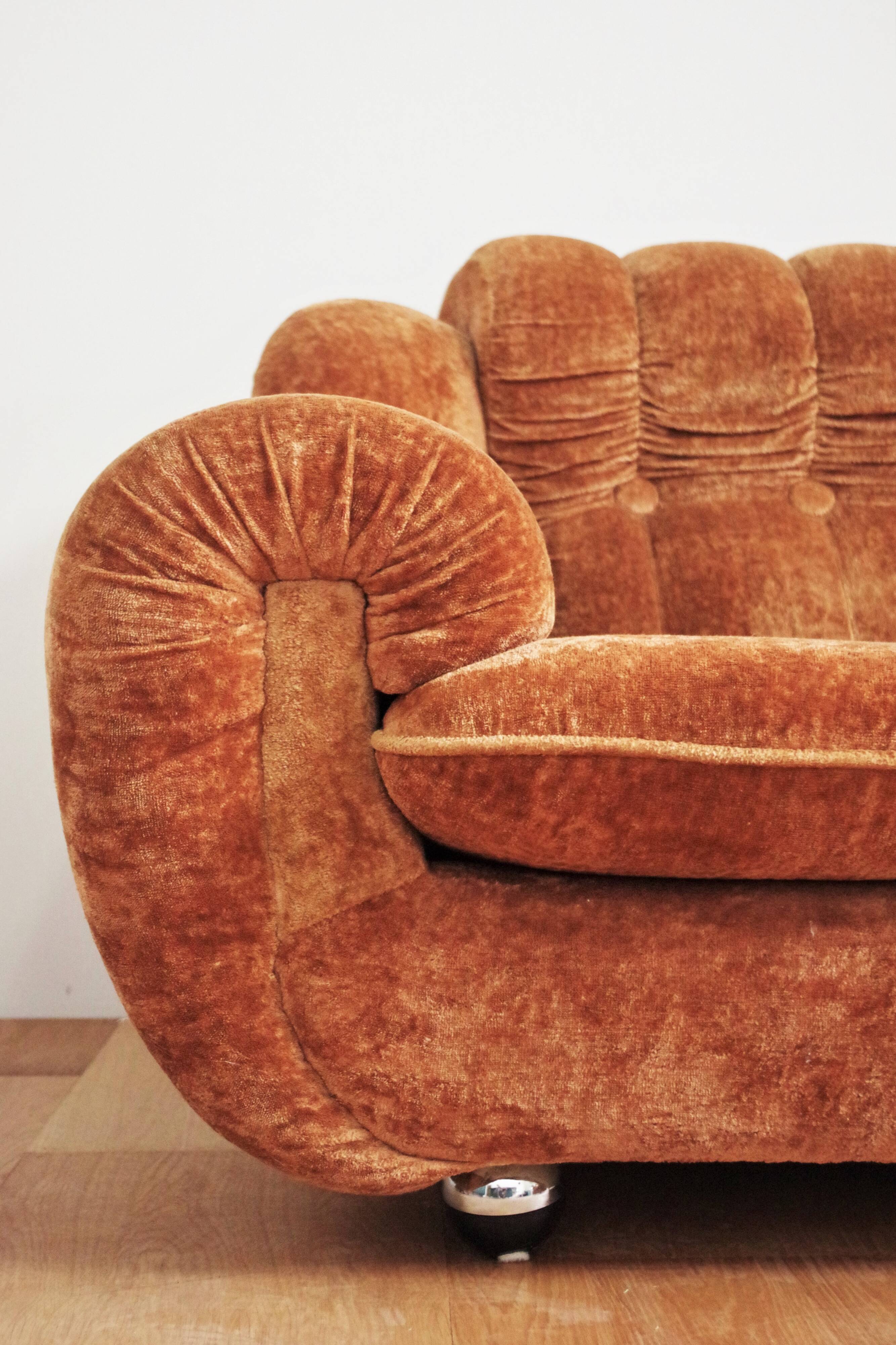 Velvet armchairs and sofa, 1970s, set of 3
