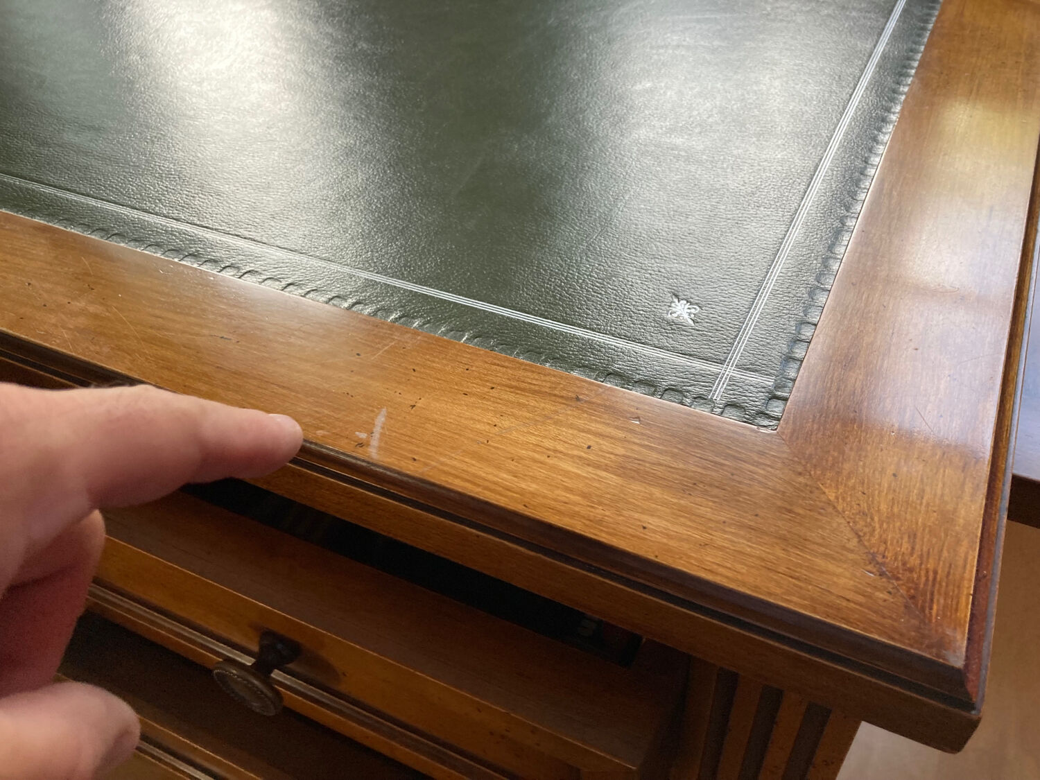 Napoleon Empire style wood and green leather desk 4 drawers 2 sliding shelves