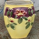 Yellow glazed ceramic slip vase with hawthorn pink flower motif