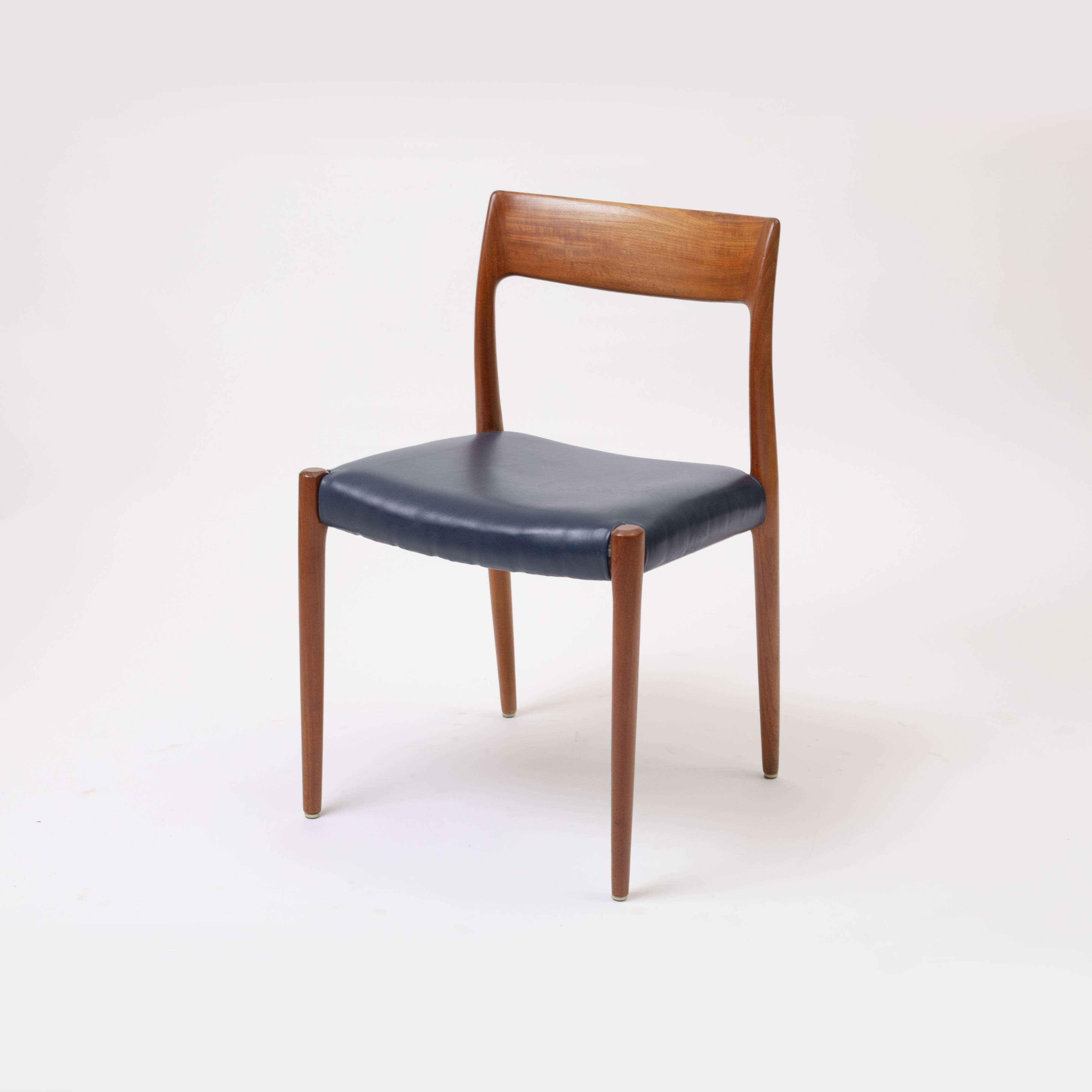 Model 77 Chair in Teak and blue leather by Niels Otto Møller