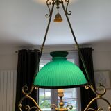 English style pendant light in bronze and fluted green opaline