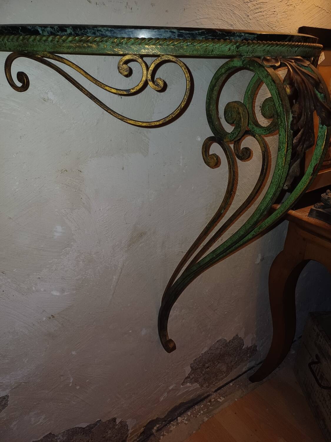 Wrought iron console, marble top 1940, 1950