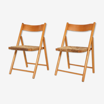 Set of 2 vintage folding chairs in beech and rush