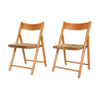 Set of 2 vintage folding chairs in beech and rush