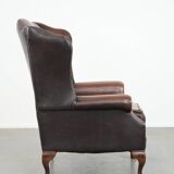 Brown smooth cow leather Chesterfield wingback armchair in English style