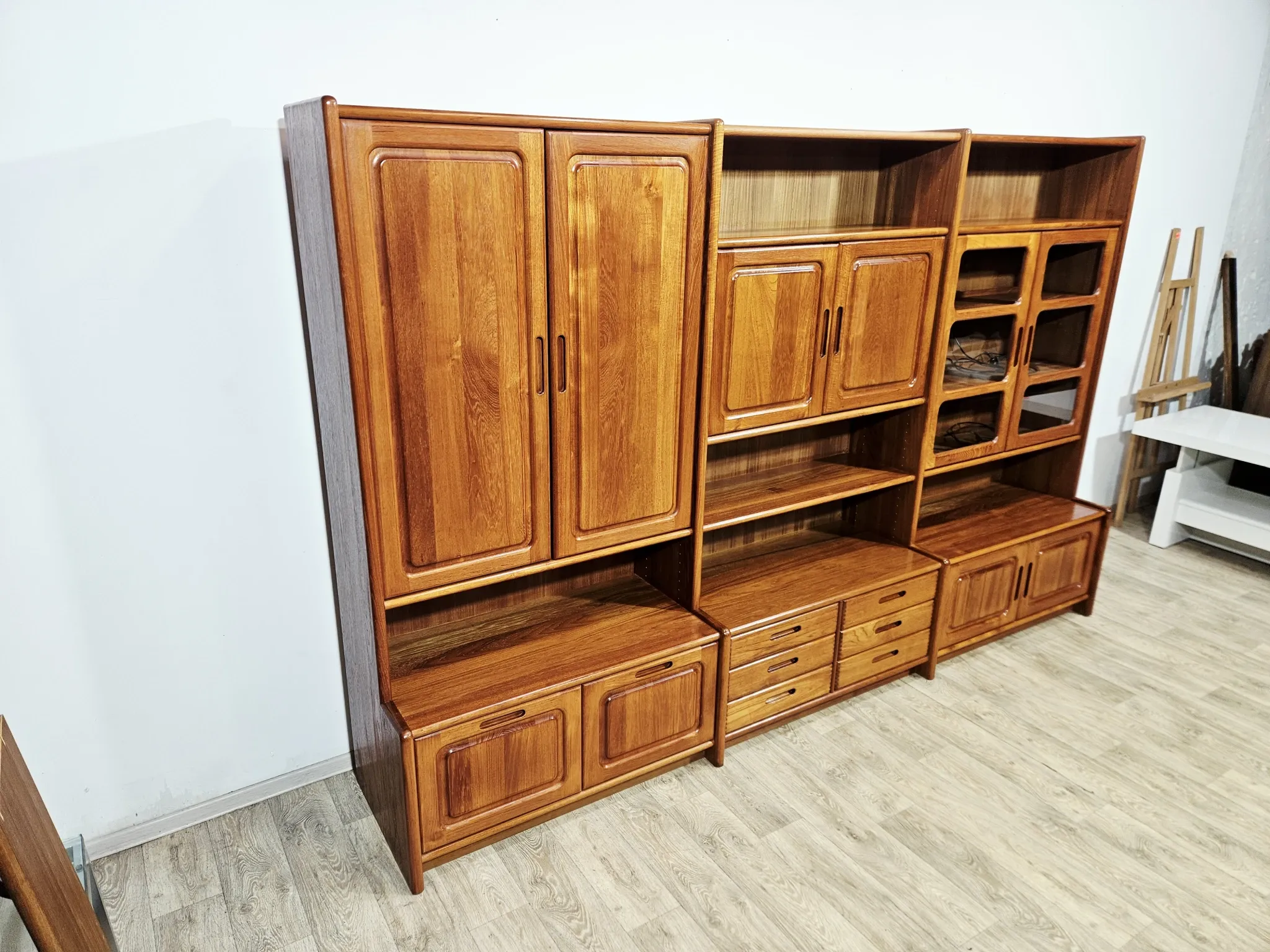 Multifunctional, modular shelving unit/wall system, teak, Denmark, 60s/70s