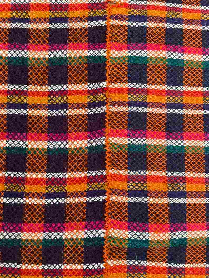 Handwoven vintage accent geometrical rug, colorful wool