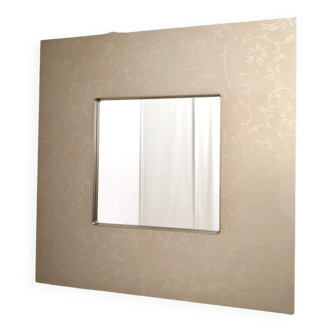 Postmodern Square Wall Mirror with Floral Motifs on Taupe Frame, Italy, 1980s