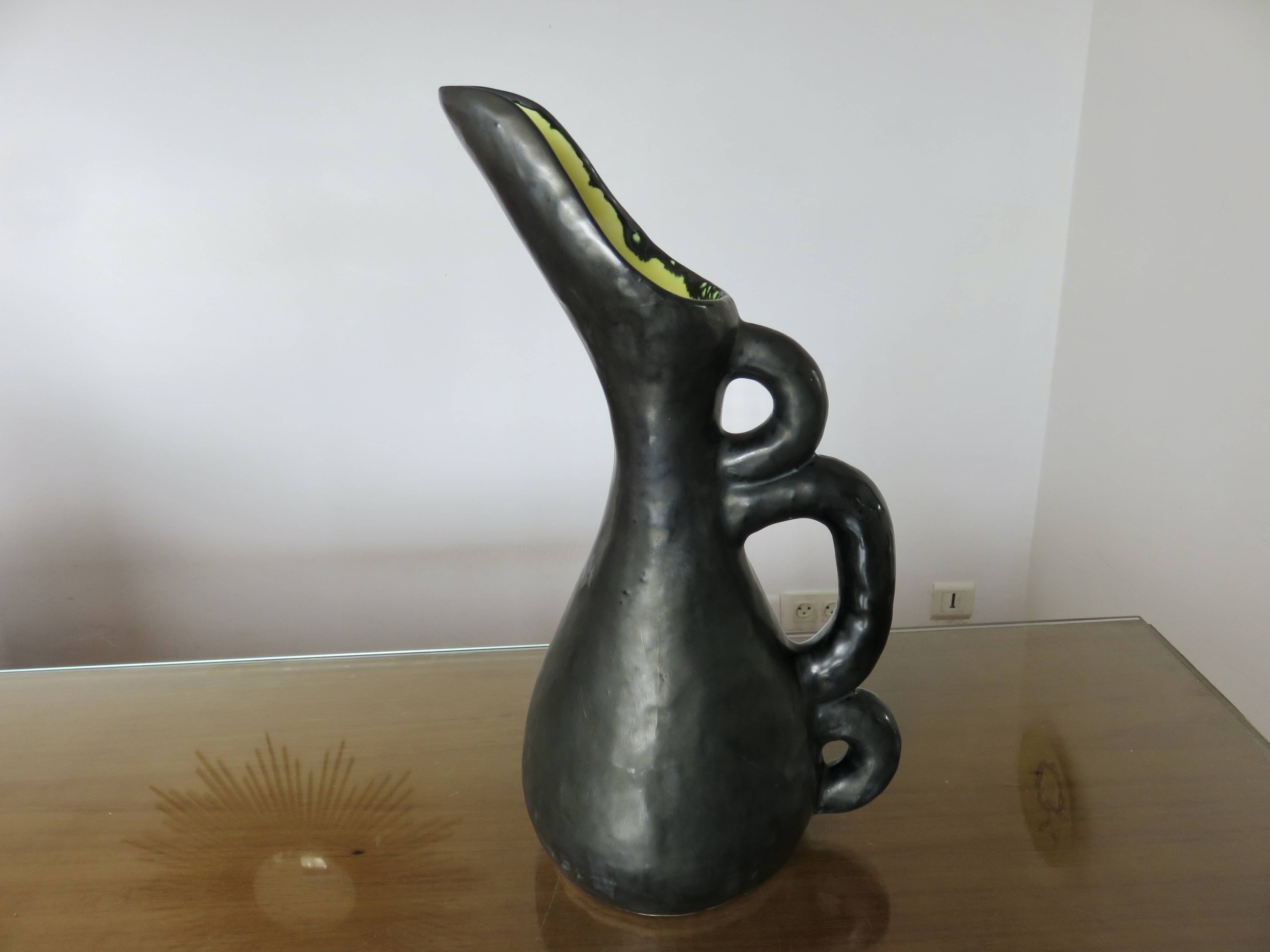 Large Ray Camart vase, Vallauris, free-form in matte black ceramic, 1950