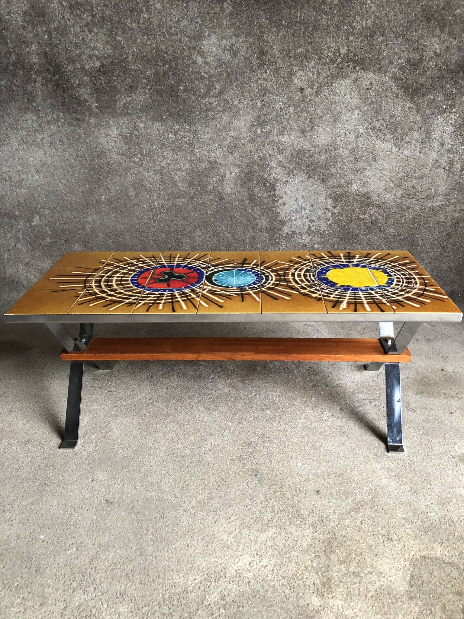 Ceramic coffee table and chrome and wood legs, Juliette Belarti, 1960