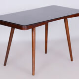Table basse originale en hêtre du milieu du siècle, verre Opaxit, Interier Praha, Tchéquie