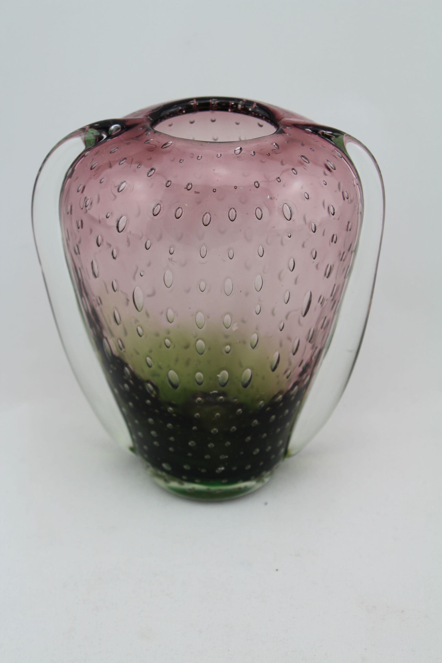 Biot bubble glass vase, doilies