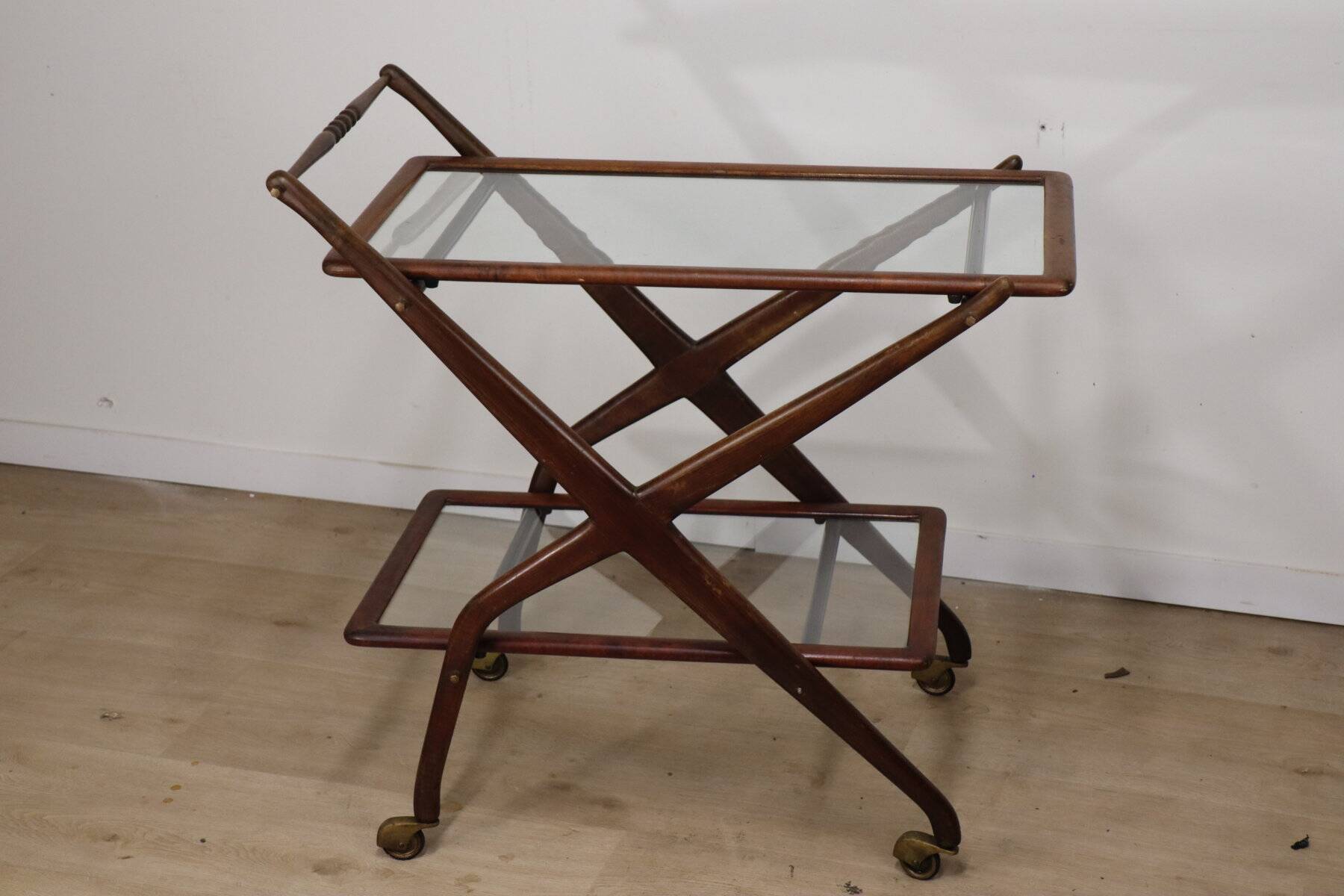 Vintage wooden and glass rolling trolley, 1960