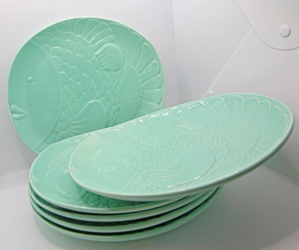 Lot de 6 assiettes poissons XL en faïence bleu ciel