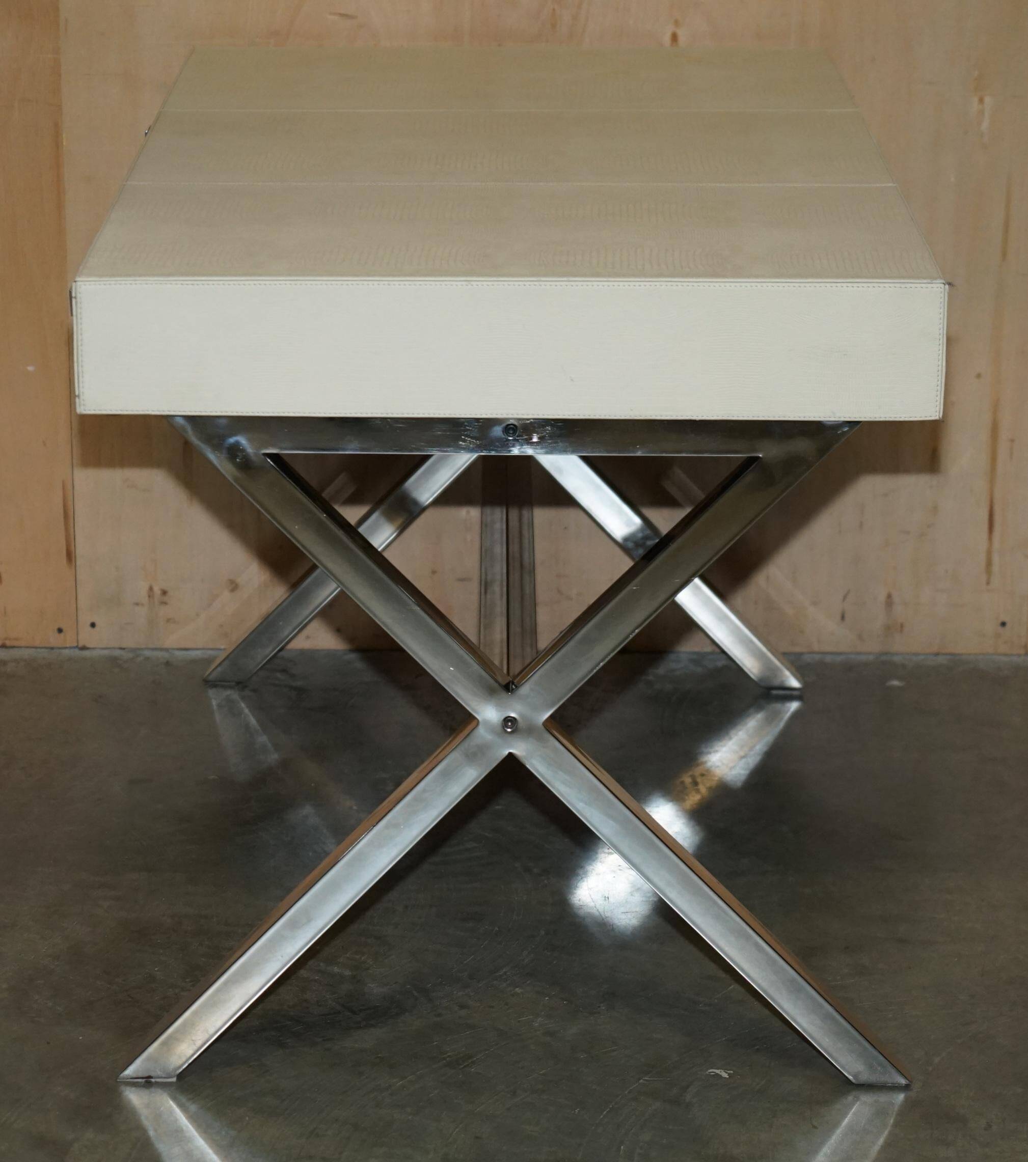 Vintage writing desk with chrome X-shaped top and patinated crocodile leather.