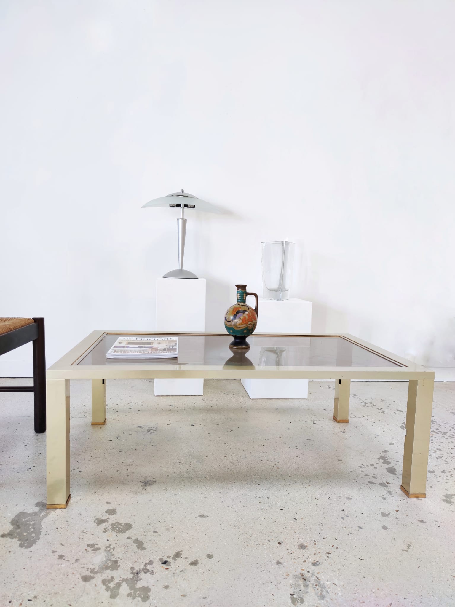 Vintage coffee table 1970s brushed metal smoked glass