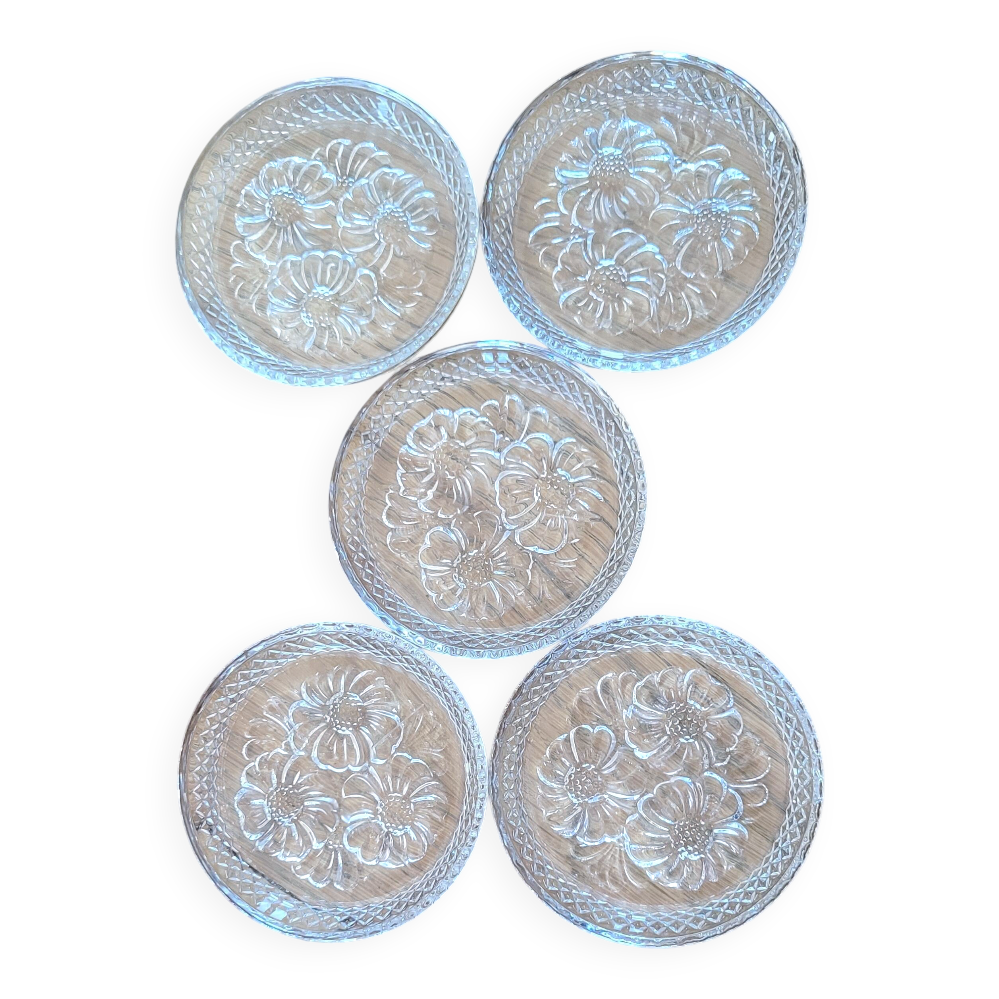 5 transparent glass coasters