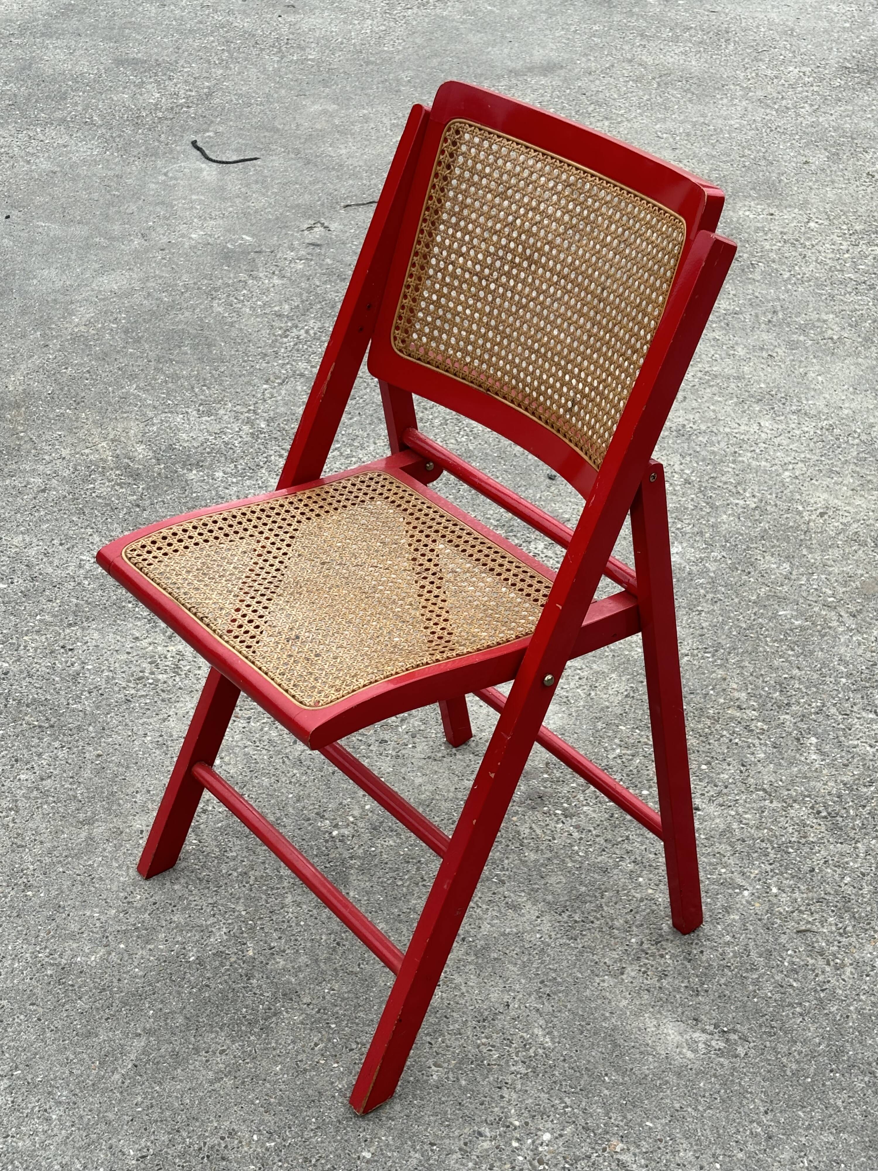 Vintage  Mid-Century Woven Cane Folding Chair  1960s in red cesca style