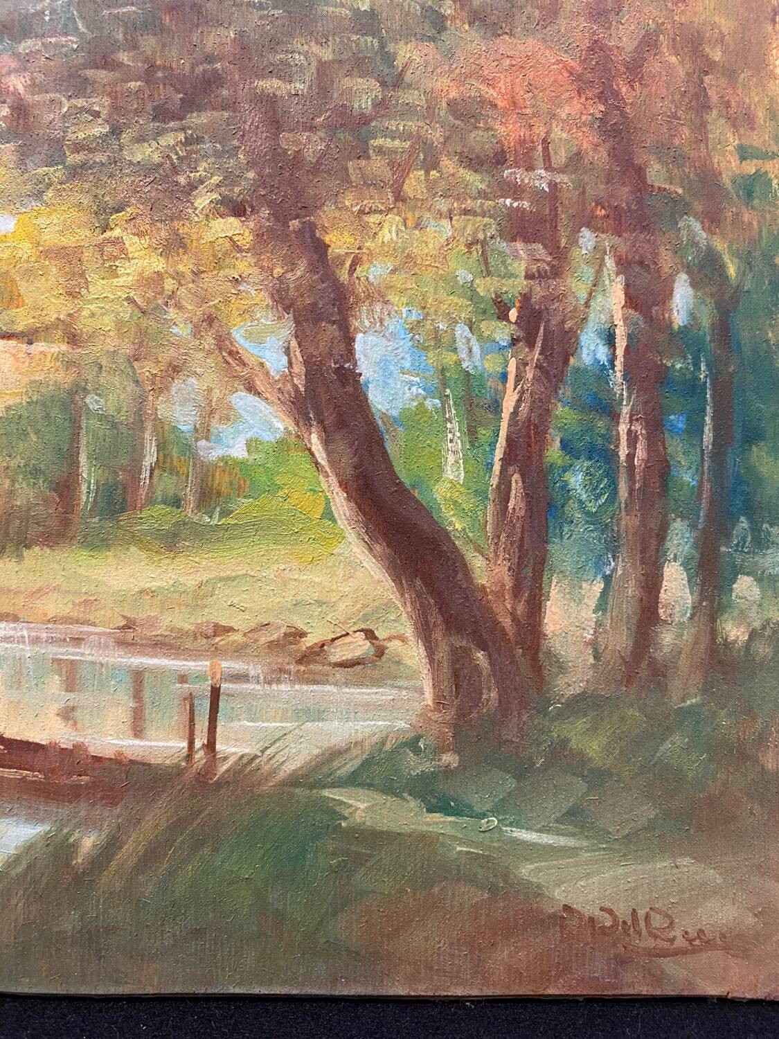 Tableau ancien paysage à la rivière XX siècle