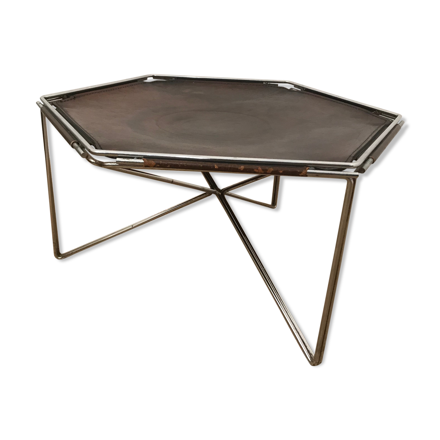 Leather and metal side table, René Bertoux by Group. SA. 1970