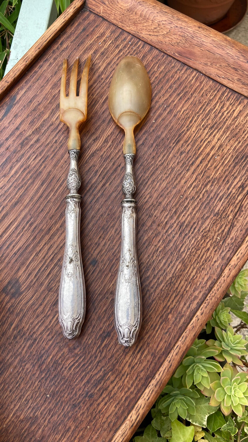Salad cutlery in silver filled and horn early twentieth century
