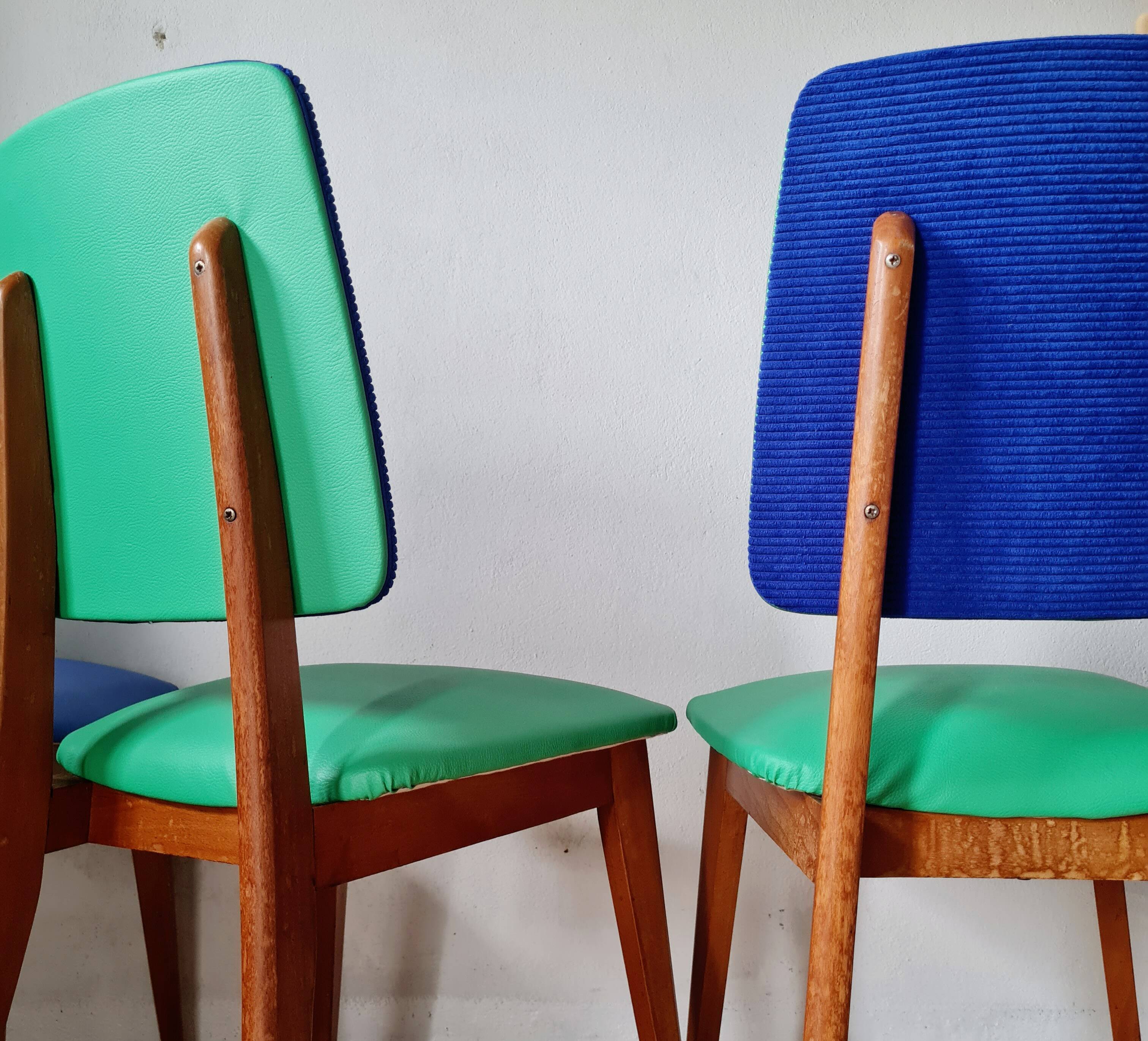 Series of velvet Scandinavian chairs - green and blue.