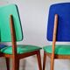 Series of velvet Scandinavian chairs - green and blue.