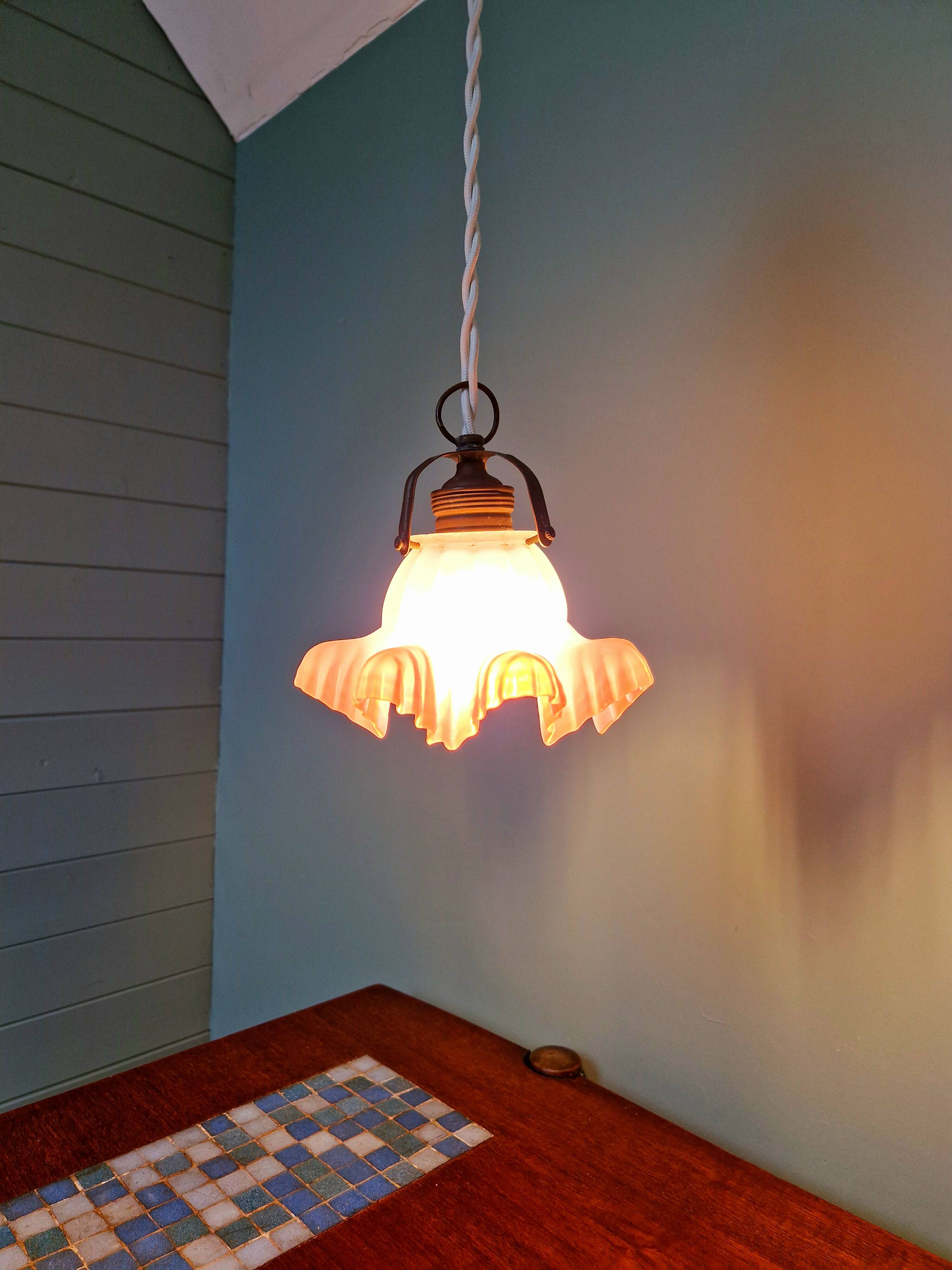 Scalloped pink satin glass pendant/lamp, 1920s-30s