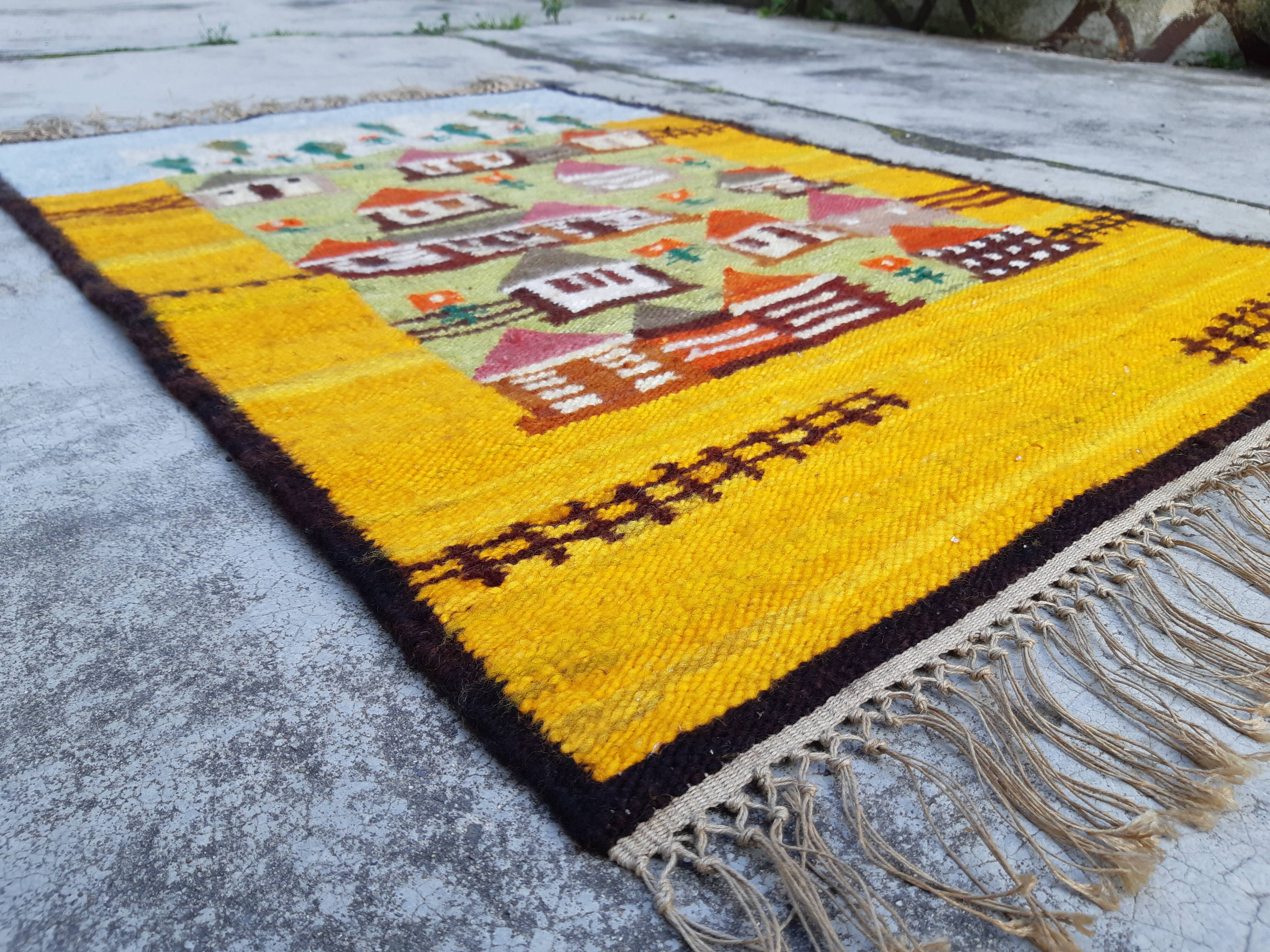 Kilim rug "Kolonia" by Piotr Grabowski for Cepelia handmade Poland 70s, 70x105