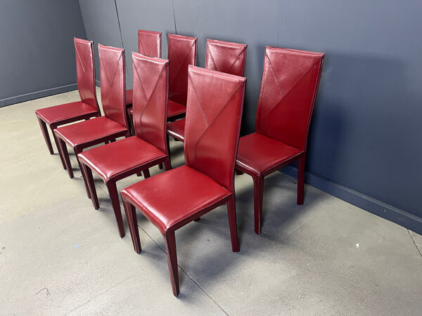 Chaises de salle à manger en cuir rouge par Roche Bobois France, années 1980 - ensemble de 8